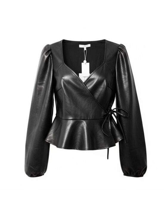 Wayf Tops - WAYF Women’s Y2K‎ Faux Leather Wrap Top Moto Wester Sz. Small Black Long Sleeve